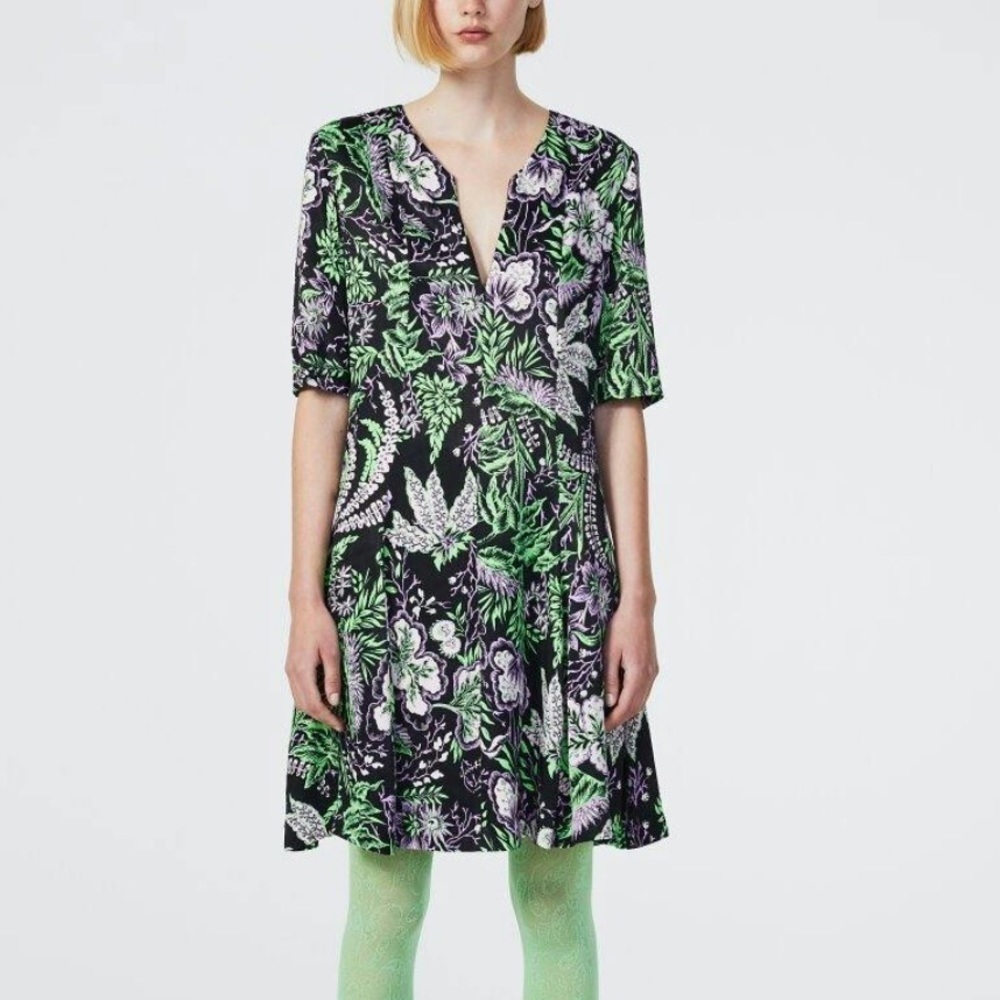 Rodebjer- NWT Kandy Quarter Sleeve Purple and Green Floral Vegetal Flowy Dress